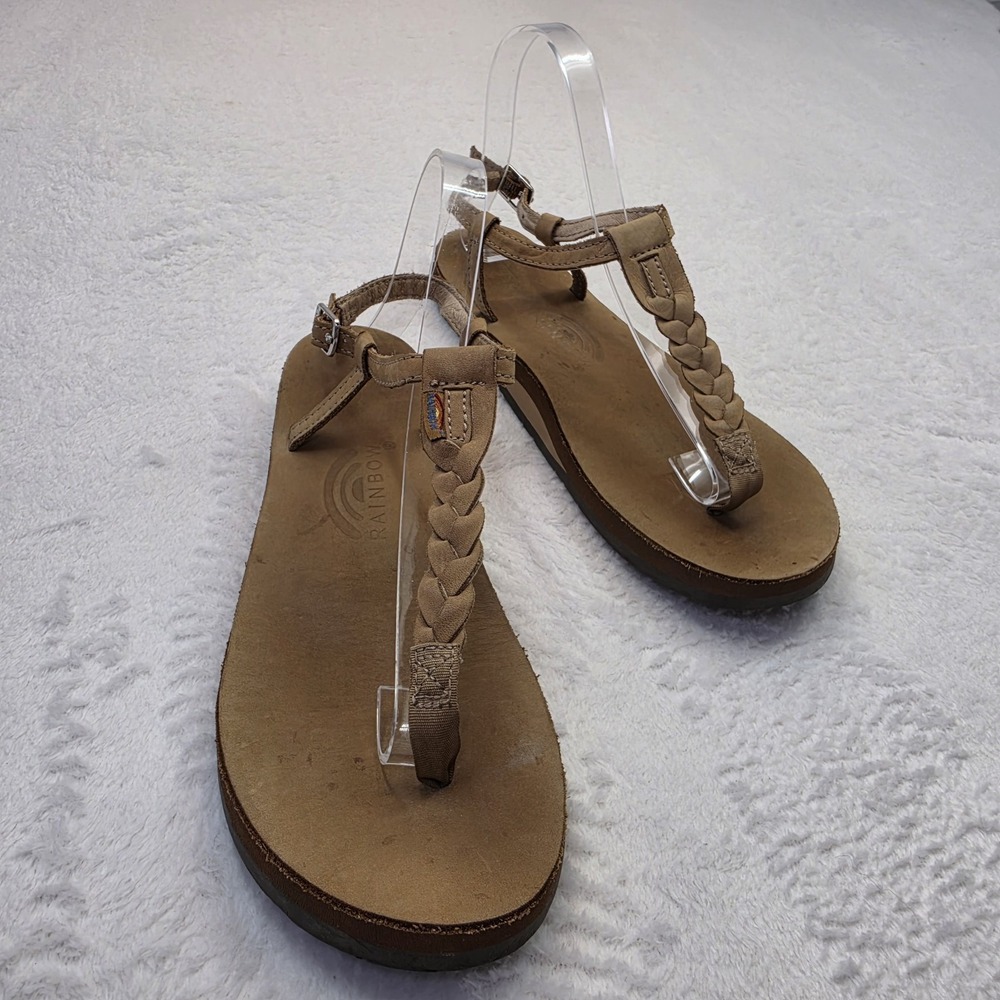 Rainbow Braided Leather Thong Sandals Tan Women's Size Large